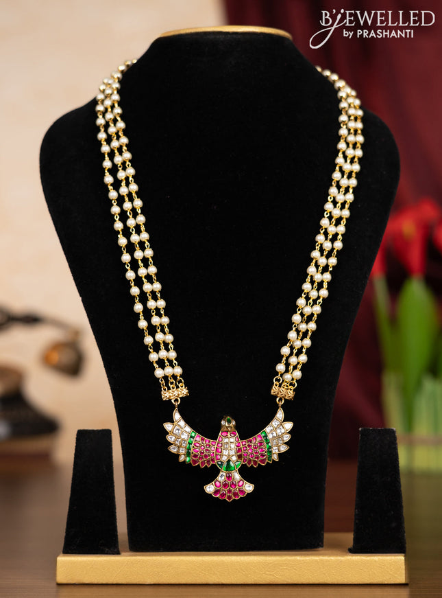 Pearl triple layer haaram garuda pendant with kemp jadau kundan stones without earrings