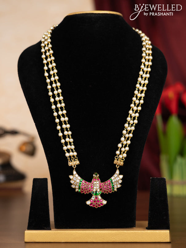 Pearl triple layer haaram garuda pendant with kemp jadau kundan stones without earrings
