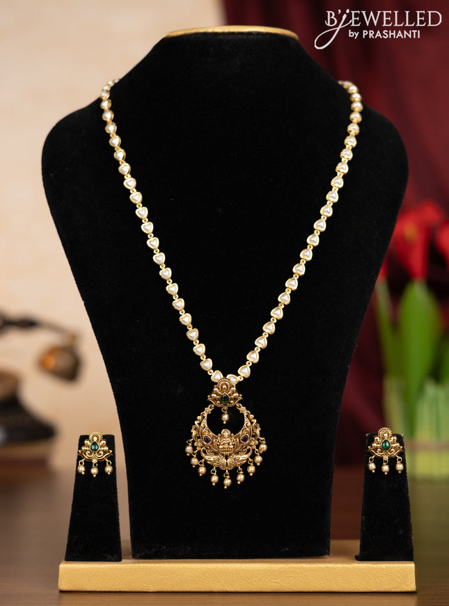 Pearl haaram lakshmi pendant with kemp stones and golden beads hangings