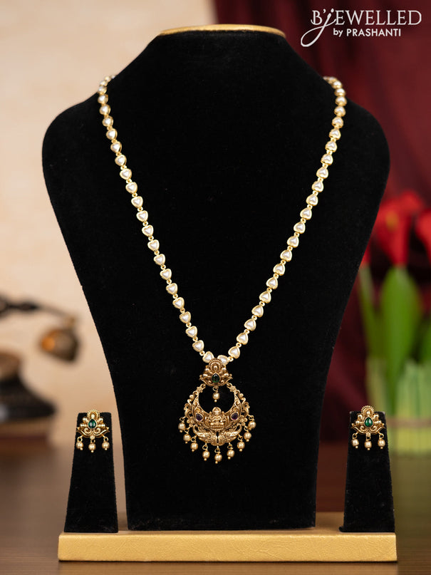 Pearl haaram lakshmi pendant with kemp stones and golden beads hangings