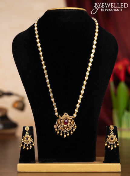 Pearl haaram with kemp & cz stones and golden beads hangings
