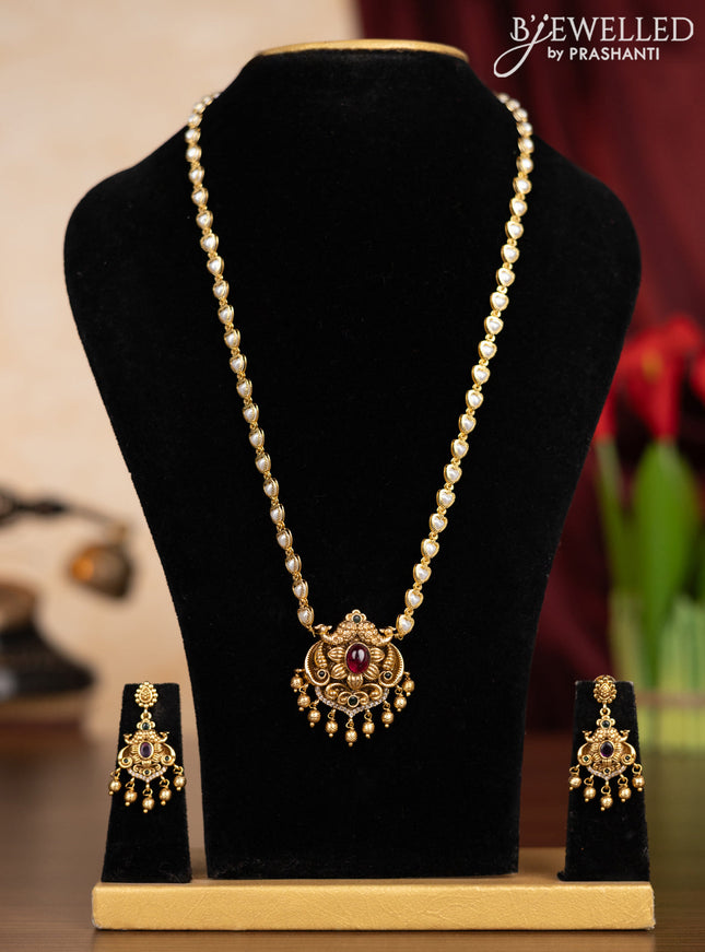 Pearl haaram with kemp & cz stones and golden beads hangings