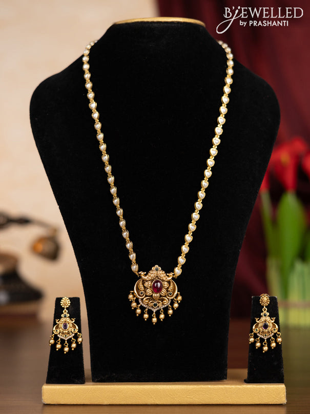 Pearl haaram with kemp & cz stones and golden beads hangings