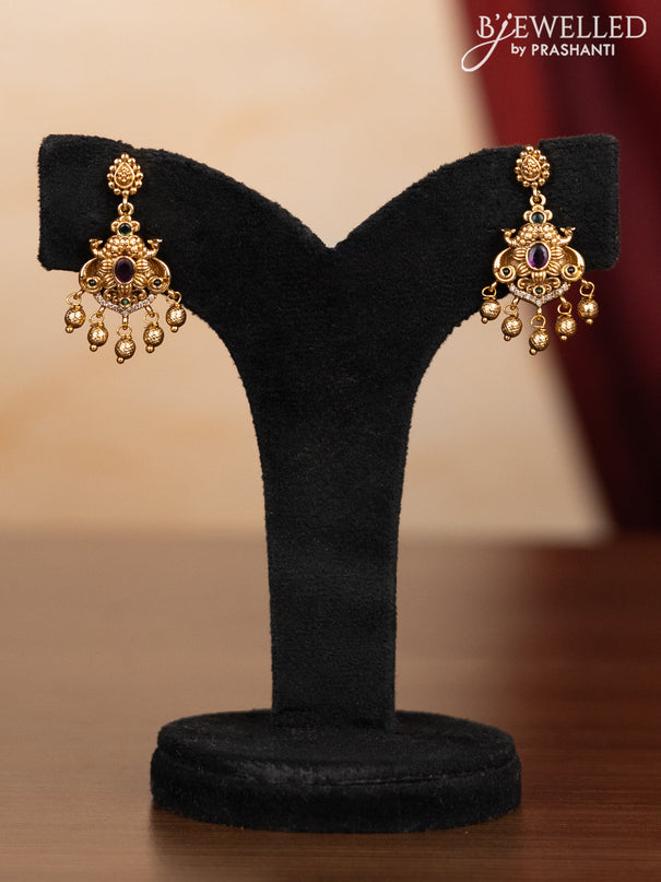 Pearl haaram with kemp & cz stones and golden beads hangings