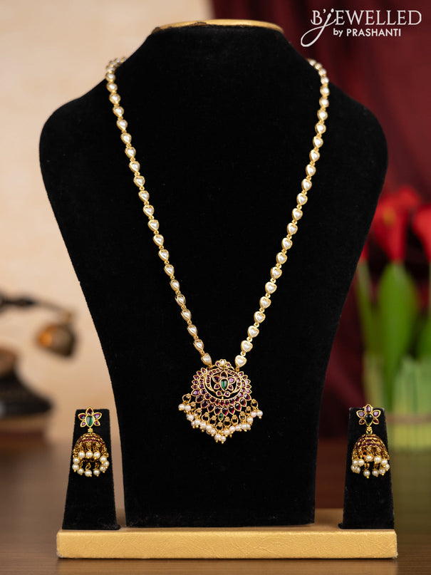 Pearl haaram with kemp stones and pearl hangings