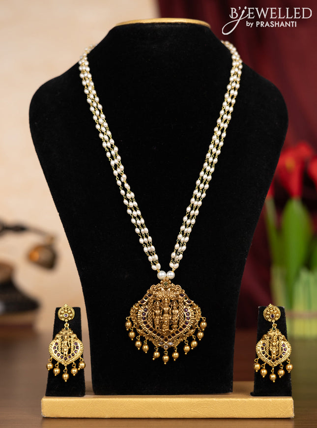 Pearl triple layer haaram ramdarbar pendant with kemp & kundan stones and golden beads hangings