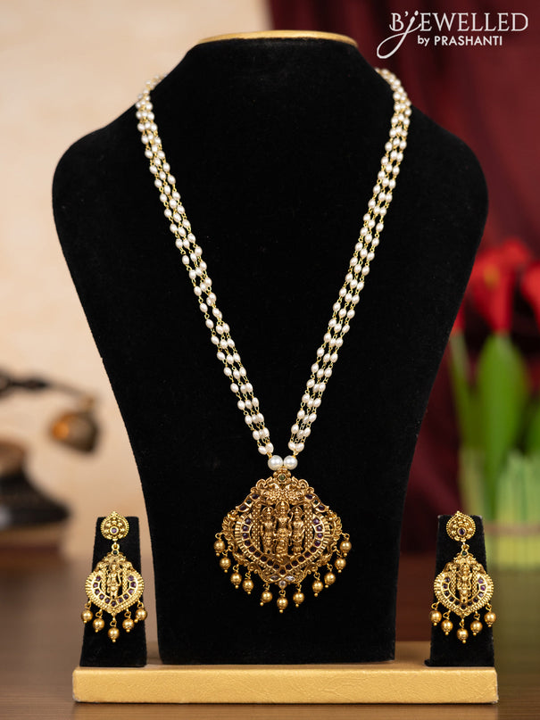 Pearl triple layer haaram ramdarbar pendant with kemp & kundan stones and golden beads hangings