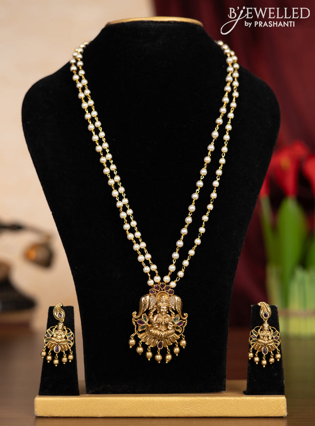 Pearl double layer haaram with kemp & cz stones and golden beads hangings