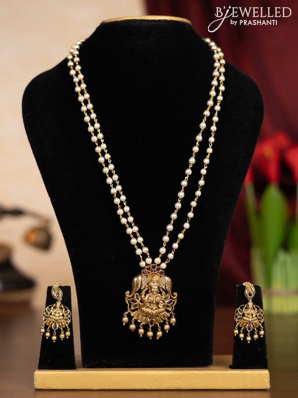 Pearl double layer haaram with kemp & cz stones and golden beads hangings