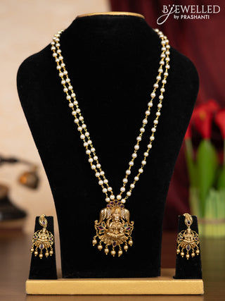 Pearl double layer haaram with kemp & cz stones and golden beads hangings