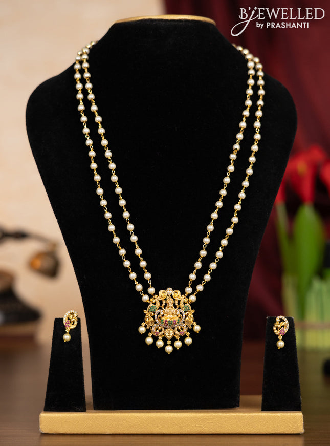 Pearl double layer haaram lakshmi pendant with kemp & cz stones and pearl hangings