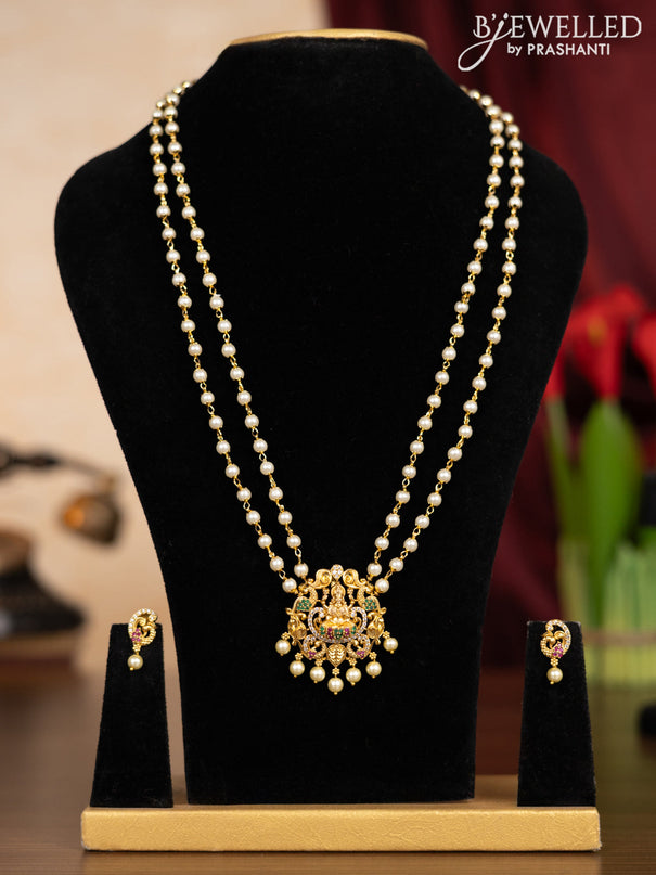 Pearl double layer haaram lakshmi pendant with kemp & cz stones and pearl hangings