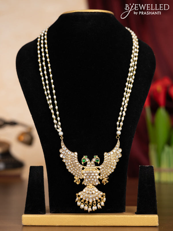 Pearl triple layer haaram garuda pendant with kundan stones andd pearl hangings without earrings