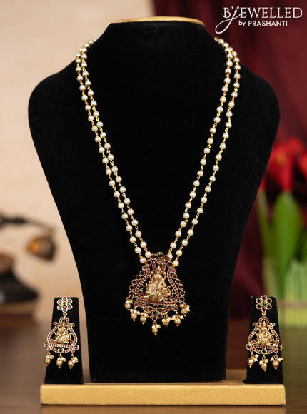 Pearl double layer haaram lakshmi pendant with kemp stones and golden beads hangings