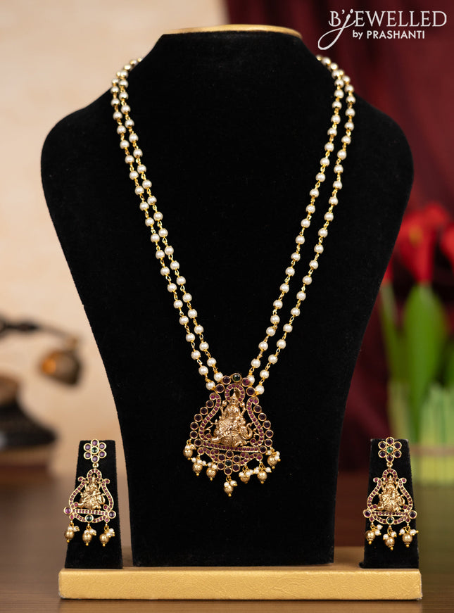 Pearl double layer haaram lakshmi pendant with kemp stones and golden beads hangings