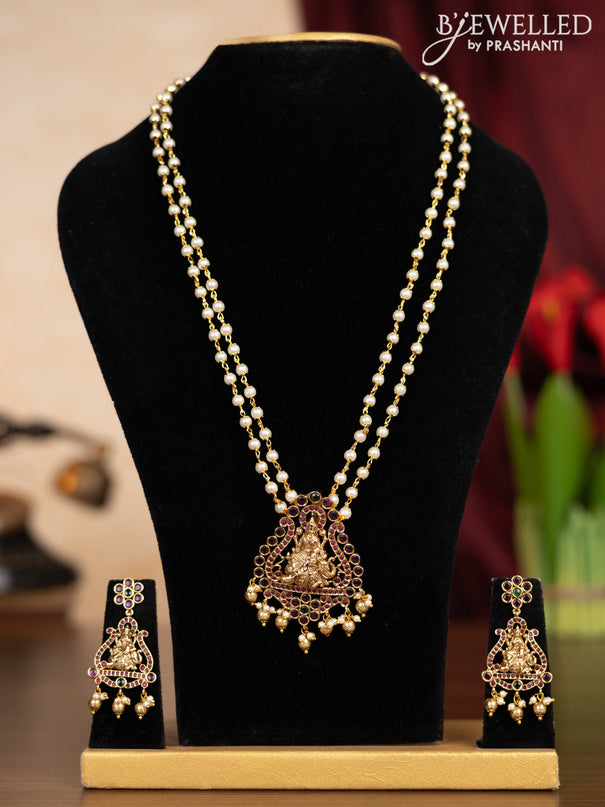 Pearl double layer haaram lakshmi pendant with kemp stones and golden beads hangings