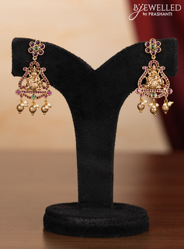 Pearl double layer haaram lakshmi pendant with kemp stones and golden beads hangings