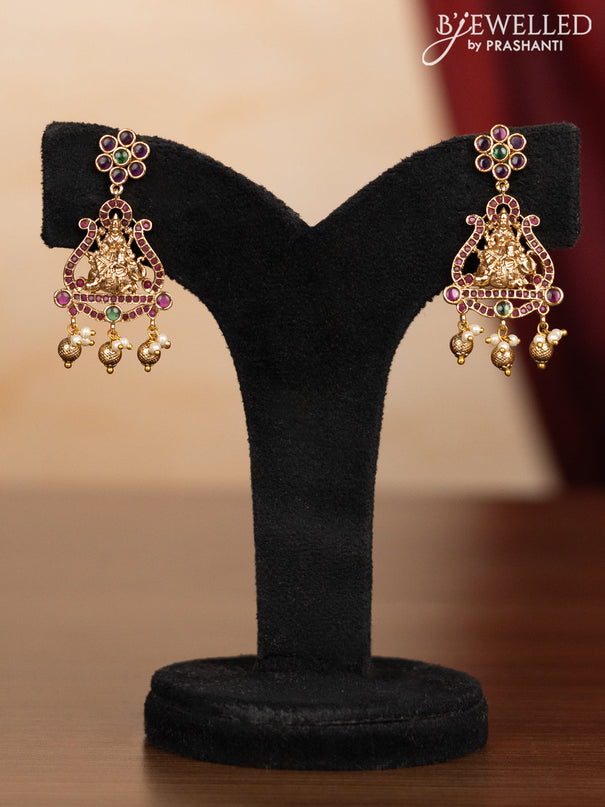 Pearl double layer haaram lakshmi pendant with kemp stones and golden beads hangings