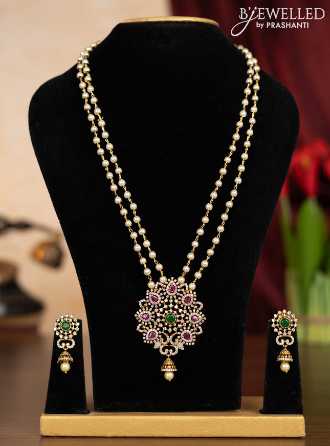 Pearl double layer haaram with kemp & cz stones and pearl hanging