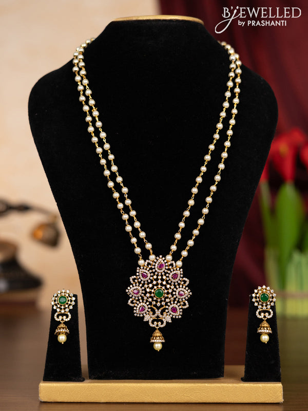 Pearl double layer haaram with kemp & cz stones and pearl hanging