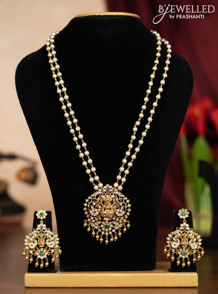 Pearl double layer haaram lakshmi design with kemp & cz stones and pearl hangings