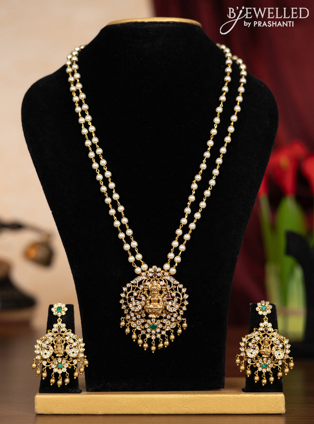 Pearl double layer haaram lakshmi design with kemp & cz stones and pearl hangings