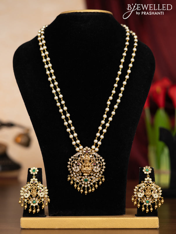 Pearl double layer haaram lakshmi design with kemp & cz stones and pearl hangings