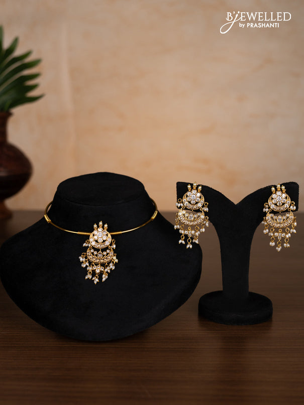 Antique ring type choker chandbali design with cz stones and pearl hangings
