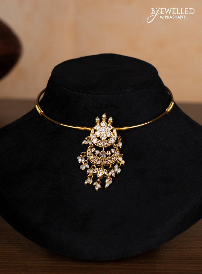 Antique ring type choker chandbali design with cz stones and pearl hangings