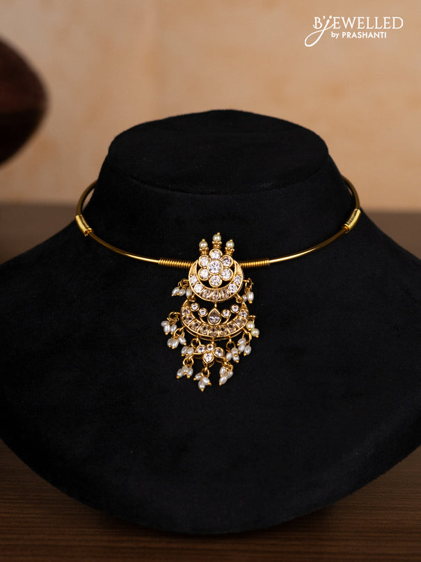 Antique ring type choker chandbali design with cz stones and pearl hangings
