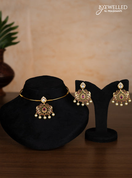 Antique ring type choker with kemp & kundan cz stones and pearl hangings