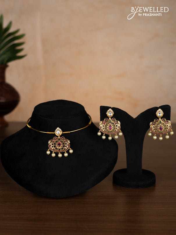 Antique ring type choker with kemp & kundan cz stones and pearl hangings