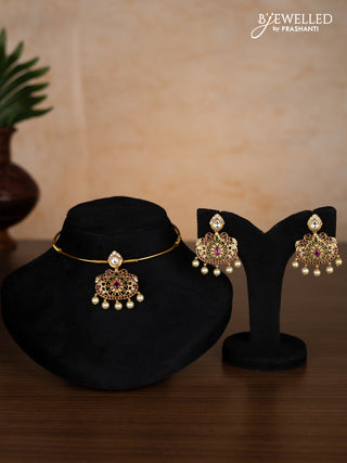 Antique ring type choker with kemp & kundan cz stones and pearl hangings