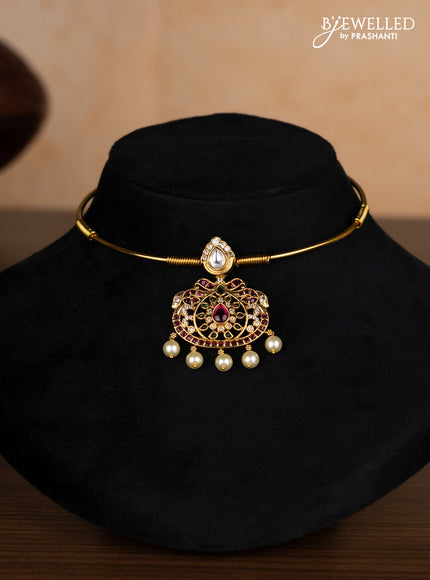 Antique ring type choker with kemp & kundan cz stones and pearl hangings