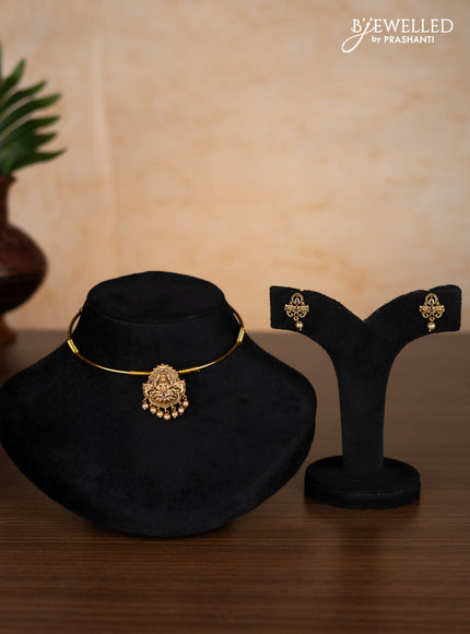 Antique ring type choker lakshmi pendant with ruby & cz stones and golden beads hangings