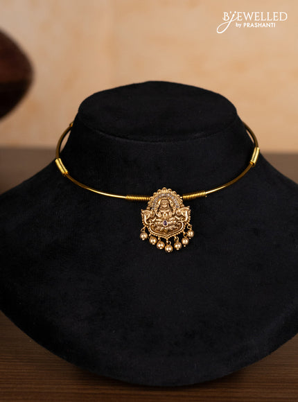 Antique ring type choker lakshmi pendant with ruby & cz stones and golden beads hangings