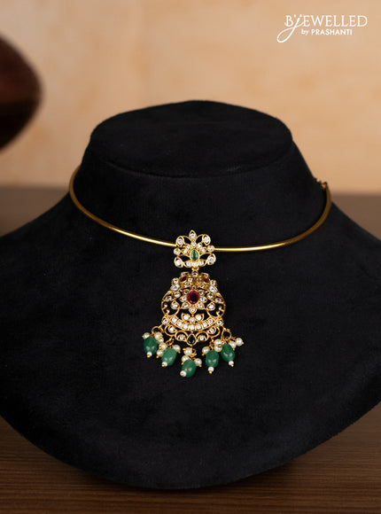 Antique ring type choker with kemp & cz stones and pearl & mint green beads hangings
