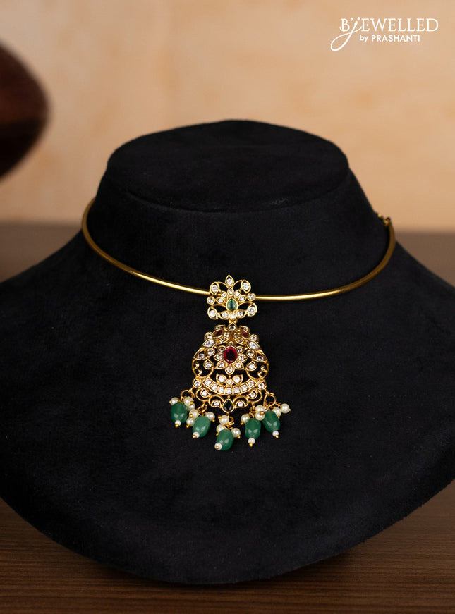 Antique ring type choker with kemp & cz stones and pearl & mint green beads hangings