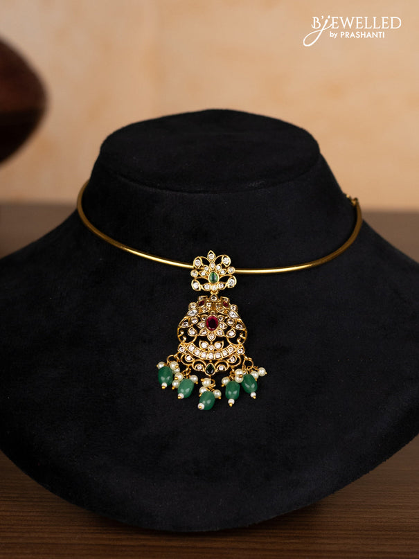 Antique ring type choker with kemp & cz stones and pearl & mint green beads hangings