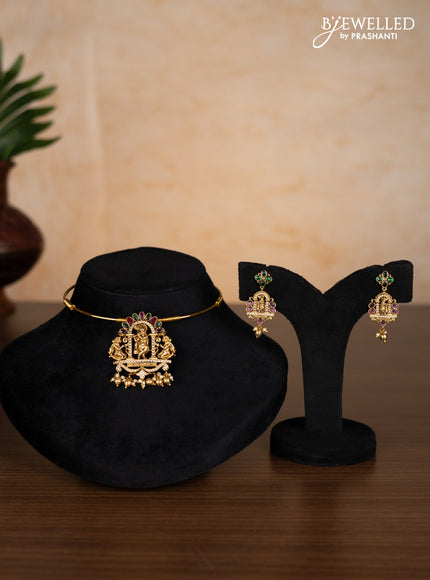 Antique ring type choker lakshmi pendant with kemp & cz stones and pearl & golden beads hangings