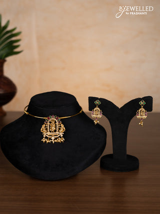 Antique ring type choker lakshmi pendant with kemp & cz stones and pearl & golden beads hangings