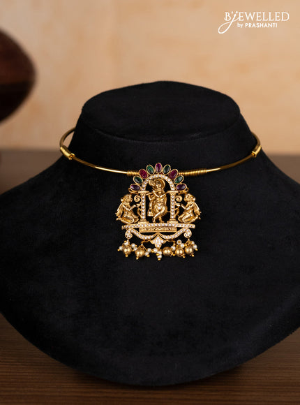 Antique ring type choker lakshmi pendant with kemp & cz stones and pearl & golden beads hangings