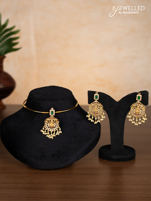 Antique ring type choker lakshmi design with kemp & cz stones and pearl hangings
