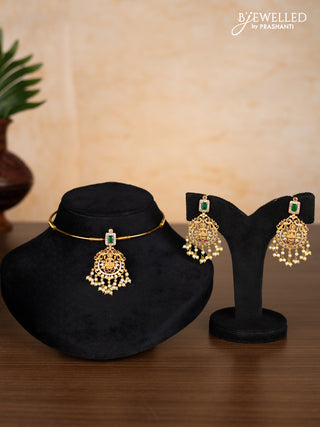 Antique ring type choker lakshmi design with kemp & cz stones and pearl hangings