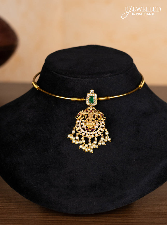 Antique ring type choker lakshmi design with kemp & cz stones and pearl hangings