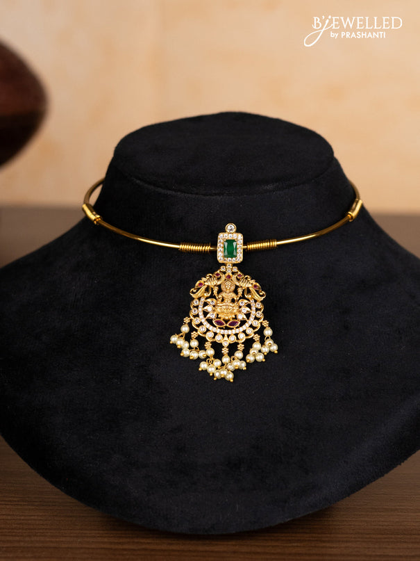Antique ring type choker lakshmi design with kemp & cz stones and pearl hangings