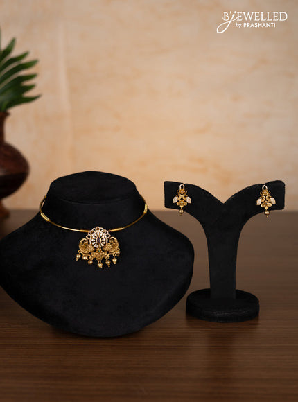 Antique ring type choker peacock design with kemp & cz stones and golden beads hangings