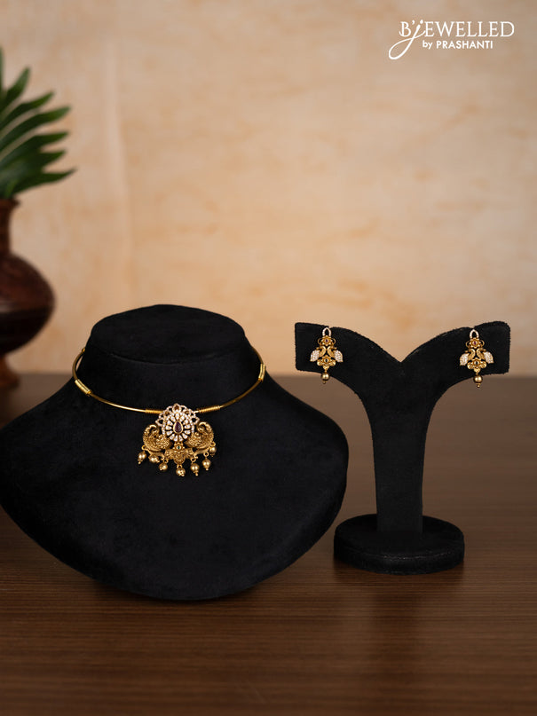 Antique ring type choker peacock design with kemp & cz stones and golden beads hangings