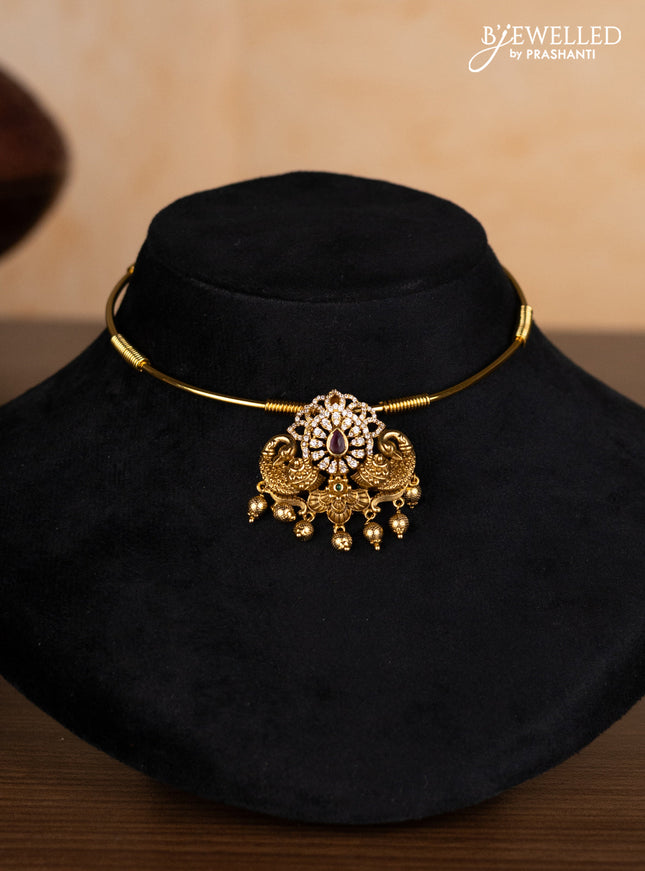 Antique ring type choker peacock design with kemp & cz stones and golden beads hangings