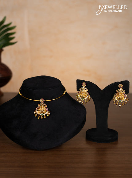 Antique ring type choker lakshmi pendant with kemp & cz stones and golden beads hangings